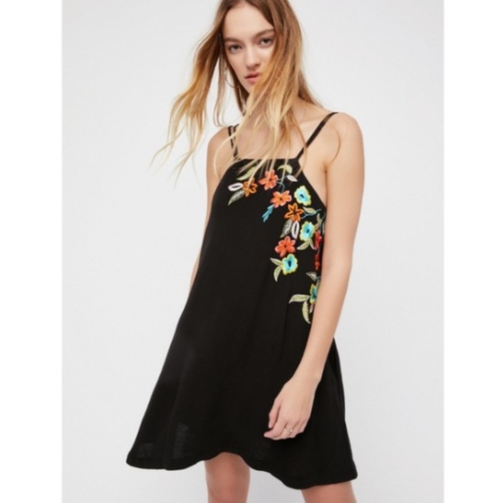 Free People Embroidered Floral Shift Mini Dress Black